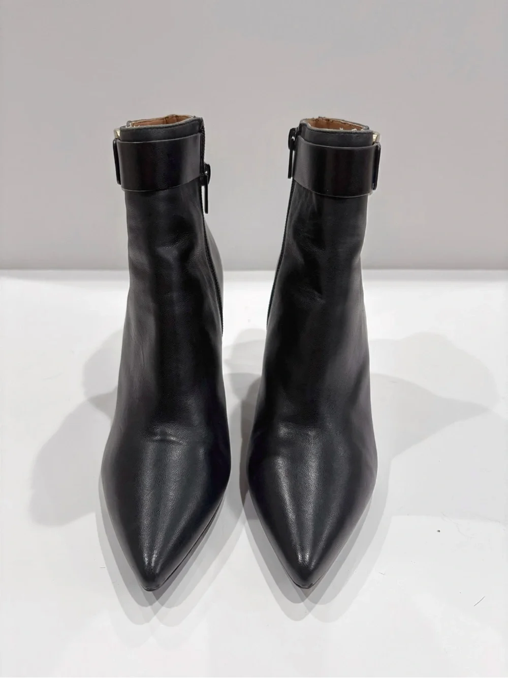Calvin Klein Georgene Ankle Boots Women US 7 Black Leather Pointed Toe Chic Glam